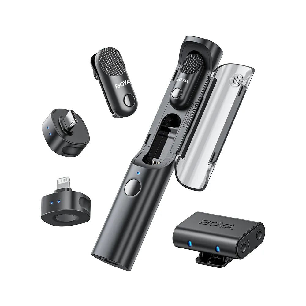 Boya Magic microphone pieces including transmitters, receivers, case