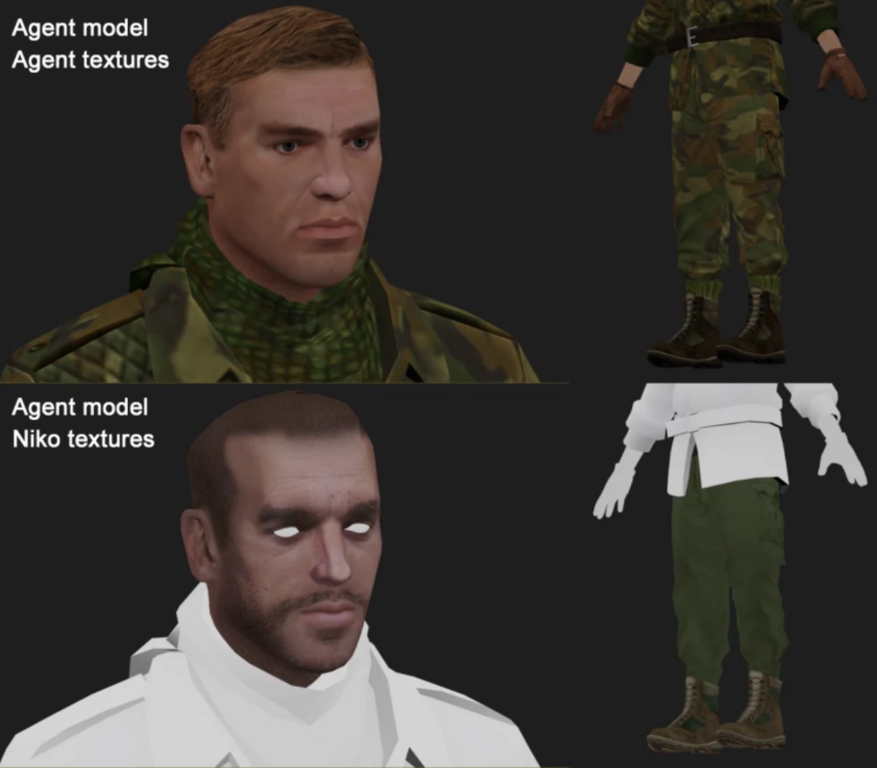 A horizontally split image of the character model from Agent. The top half shows him with original face and textures, the bottom half shows his model with the facial textures of GTA 4's Niko Bellic.