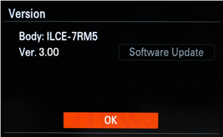 Firmware version screen, listing Ver 3.00, on the Sony A7R V