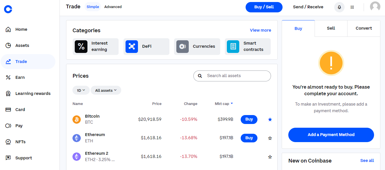 Screenshot of Coinbase's simple view of assets