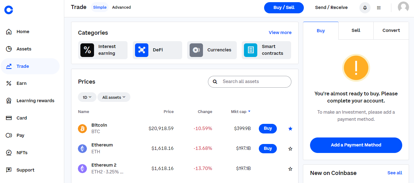 Capture d'écran de la vue simple des actifs de Coinbase