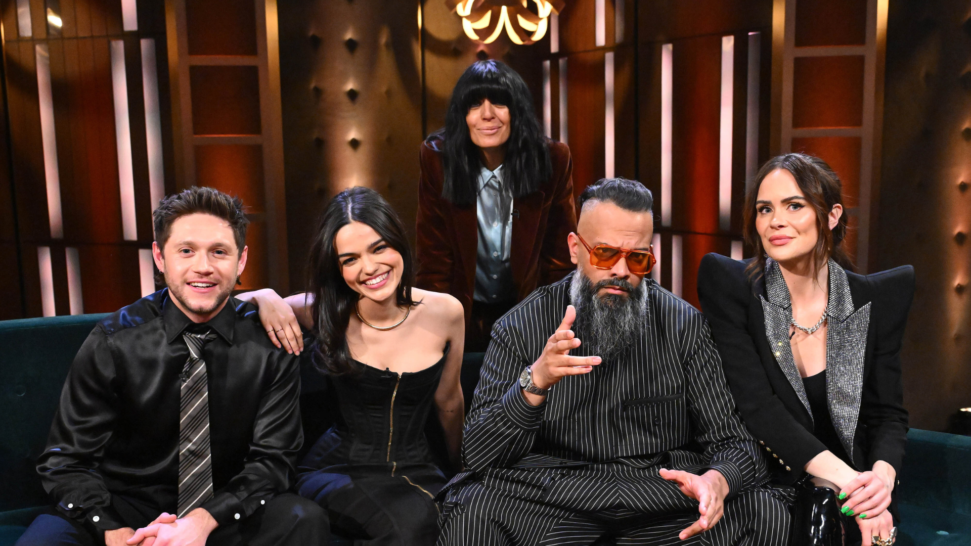 Claudia Winkleman with celebrity guests Niall Horan, Rachel Zegler, Guz Khan and Joanne McNally