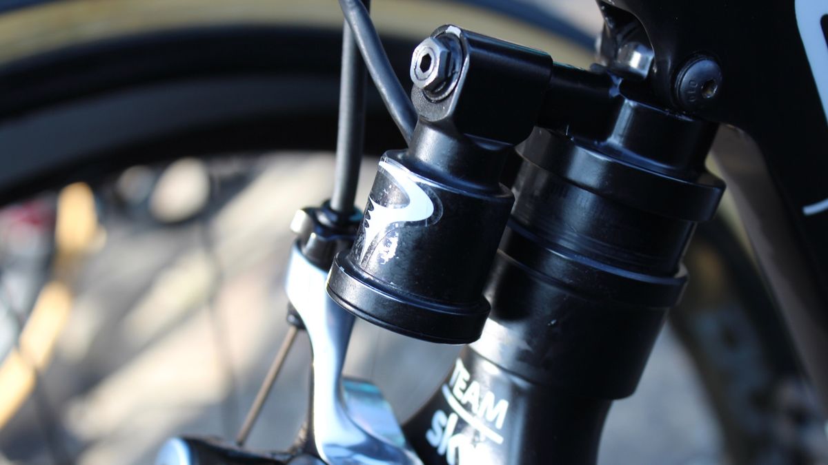 Team Sky added a Pinarello sticker to the hydraulic reservoir since we first spotted it at Scheldeprijs