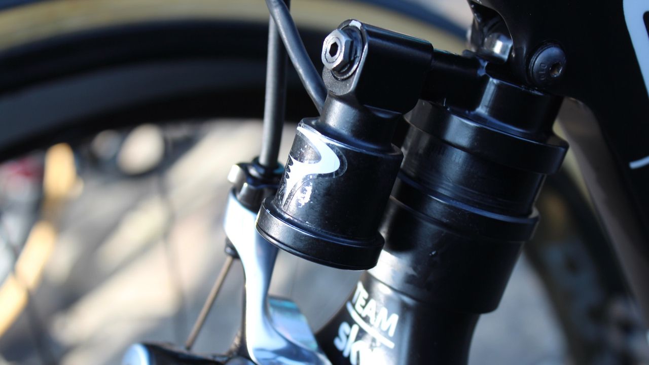 Team Sky added a Pinarello sticker to the hydraulic reservoir since we first spotted it at Scheldeprijs
