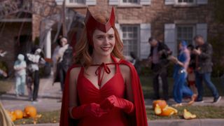 Wanda Maximoff wearing a Halloween costume of her actual superhero costume in WandaVision episode 6