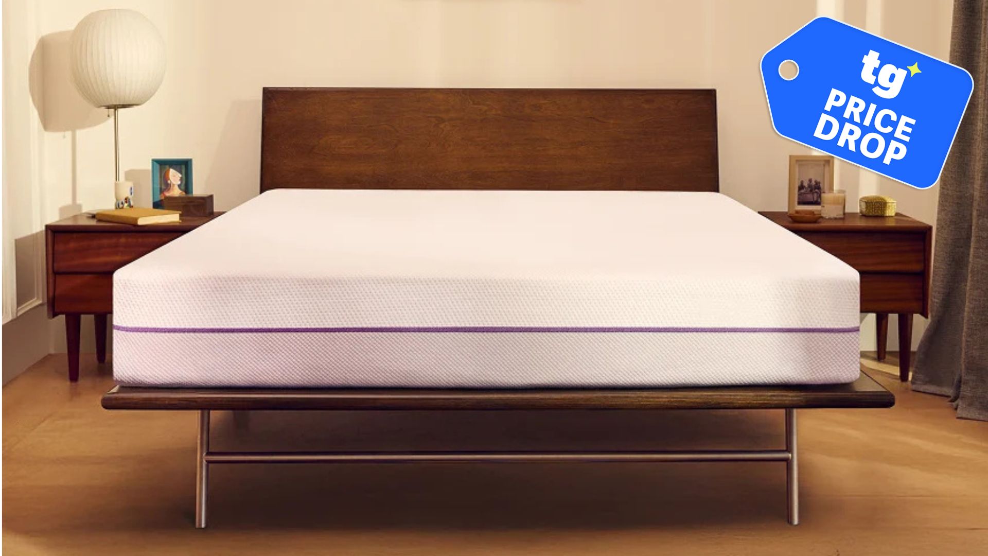 The Purple Mattress on a wooden bed frame in a bedroom, a Tom's Guide price drop deals graphic in the top right corner