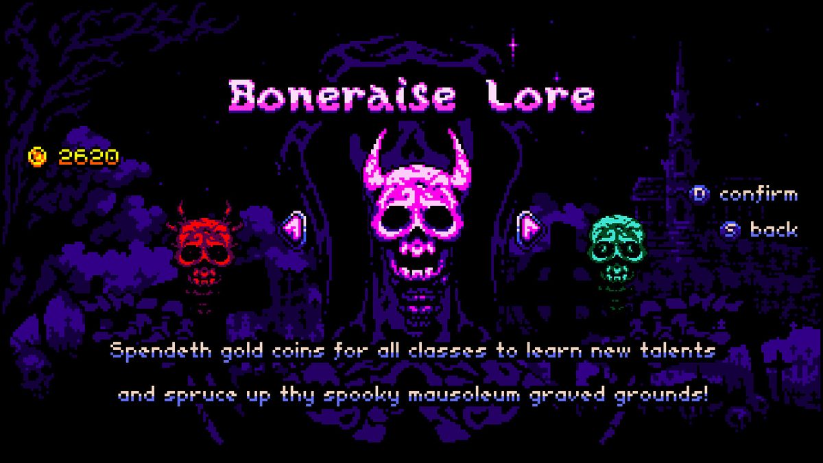 "Boneraiser Lore" screen with the option to "Spendeth gold coins for all classes to learn new talents and spruce up thy spooky mausoleum graved grounds!"
