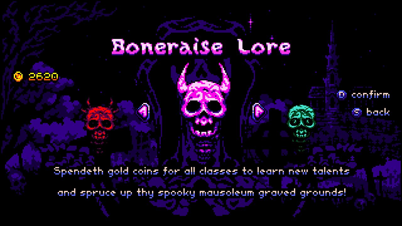 "Boneraiser Lore" screen with the option to "Spendeth gold coins for all classes to learn new talents and spruce up thy spooky mausoleum graved grounds!"