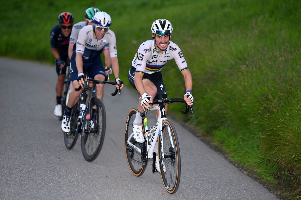 LACHEN SWITZERLAND JUNE 07 Julian Alaphilippe of France and Team Deceuninck QuickStep in breakaway during the 84th Tour de Suisse 2021 Stage 2 a 178km stage from Neuhausen am Rheinfall to Lachen UCIworldtour tds tourdesuisse on June 07 2021 in Lachen Switzerland Photo by Tim de WaeleGetty Images