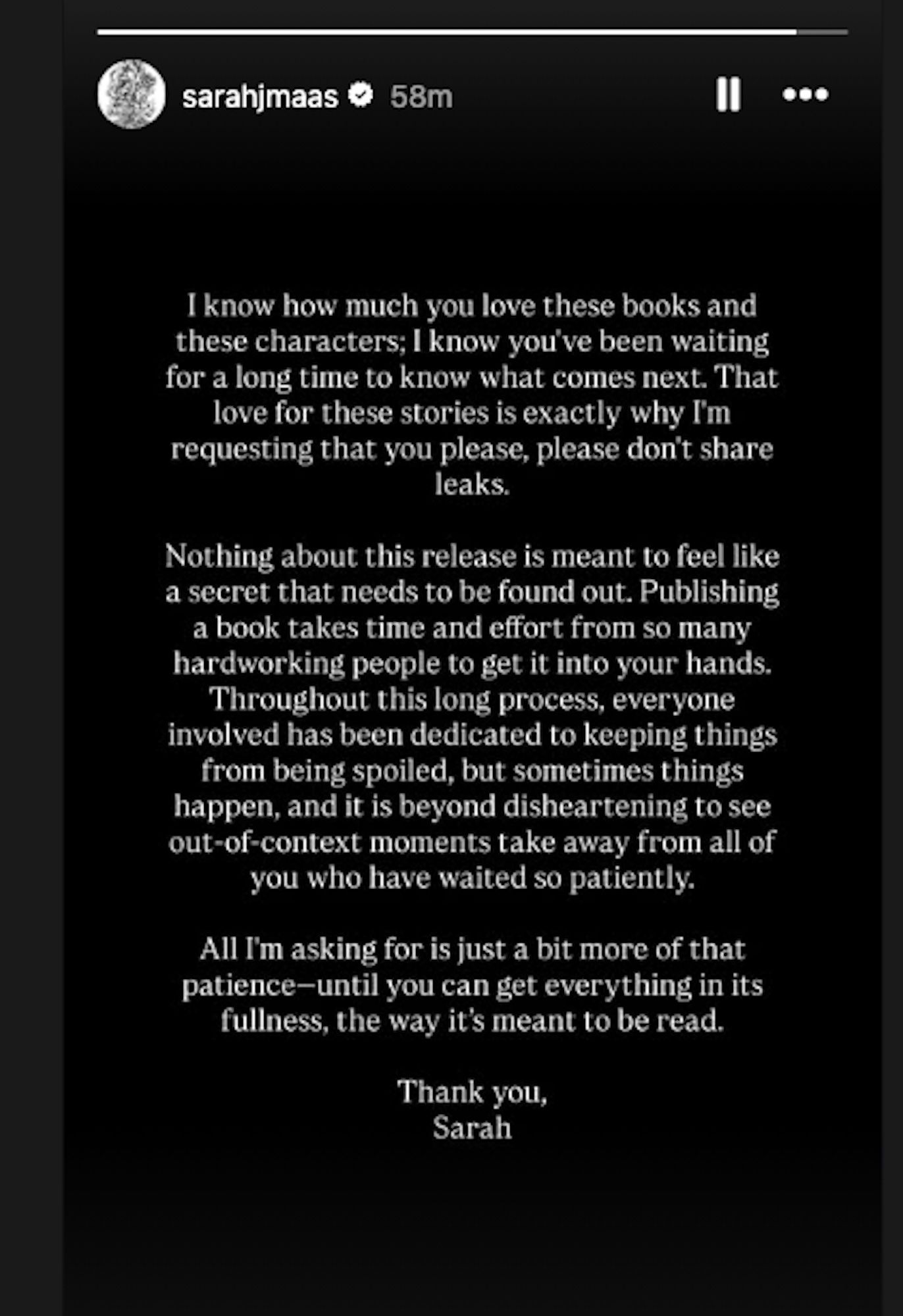 screenshot of Sarah J. Maas' instagram story addressing A Court of Splintered Harmony leaks.