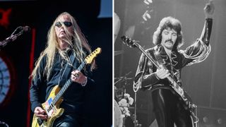 Jerry Cantrell [left] plays his blue dress G&L live at Tons of Rock 2025; an archive shot of Tony Iommi playing with Black Sabbath in 1976.
