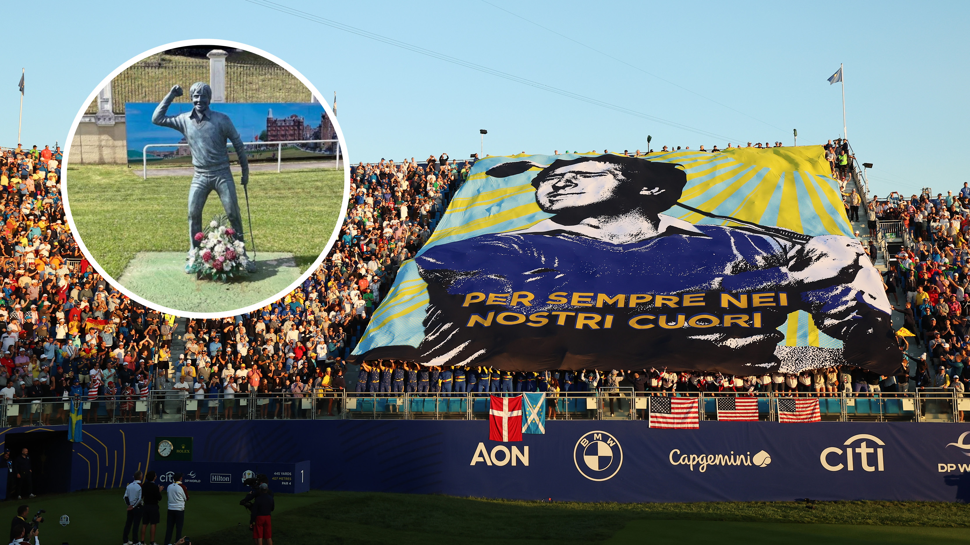 Main image of a Seve Ballesteros tifo at the 2023 Ryder Cup with an inset image of the statue that has reportedly been stolen from Padre&ntilde;a (top left)