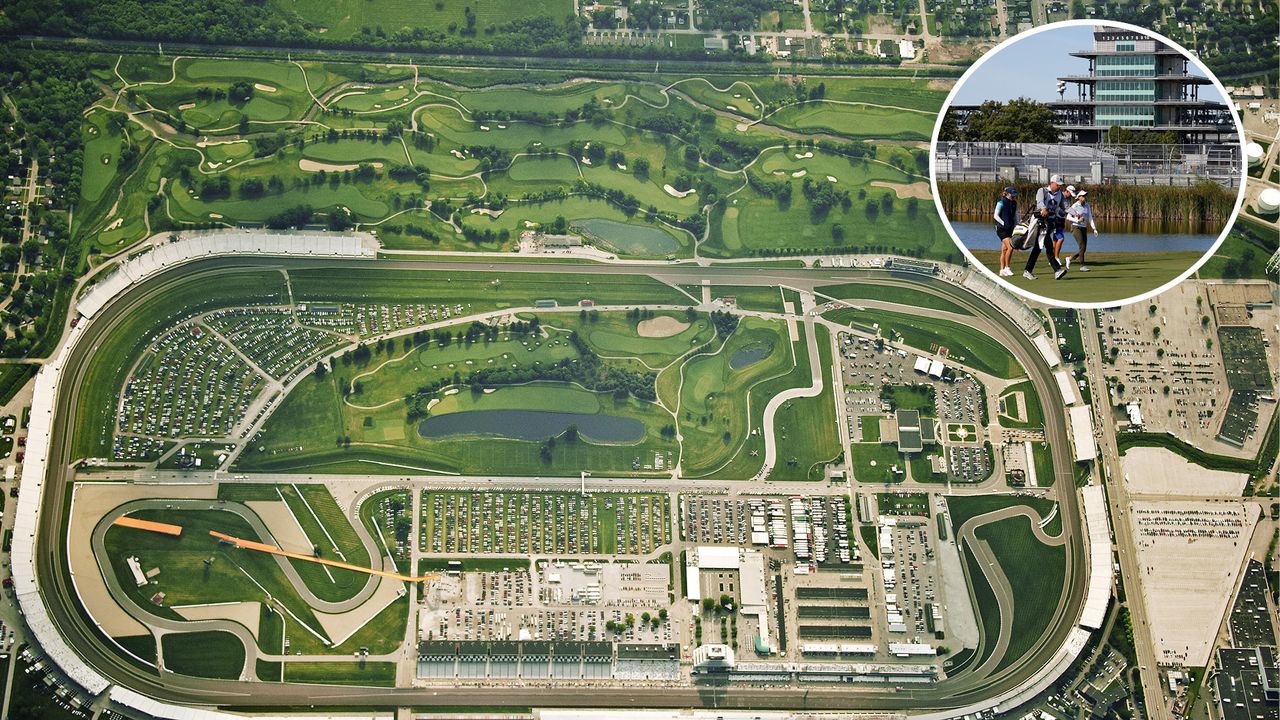 An aerial shot of Brickyard Crossing Golf Course and Indianapolis Motor Speedway 