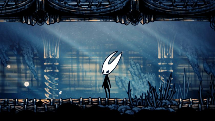 A screenshot of Hollow Knight: Silksong. A close-up shot of main character Hornet with light streaming down on her white head and black body.