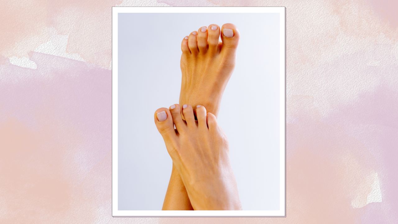 A close up of feet pictured with a creamy neutral pedicure in a peach and purple watercolour paint-style template