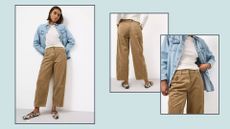 three model shots of the TU barrel leg trouser