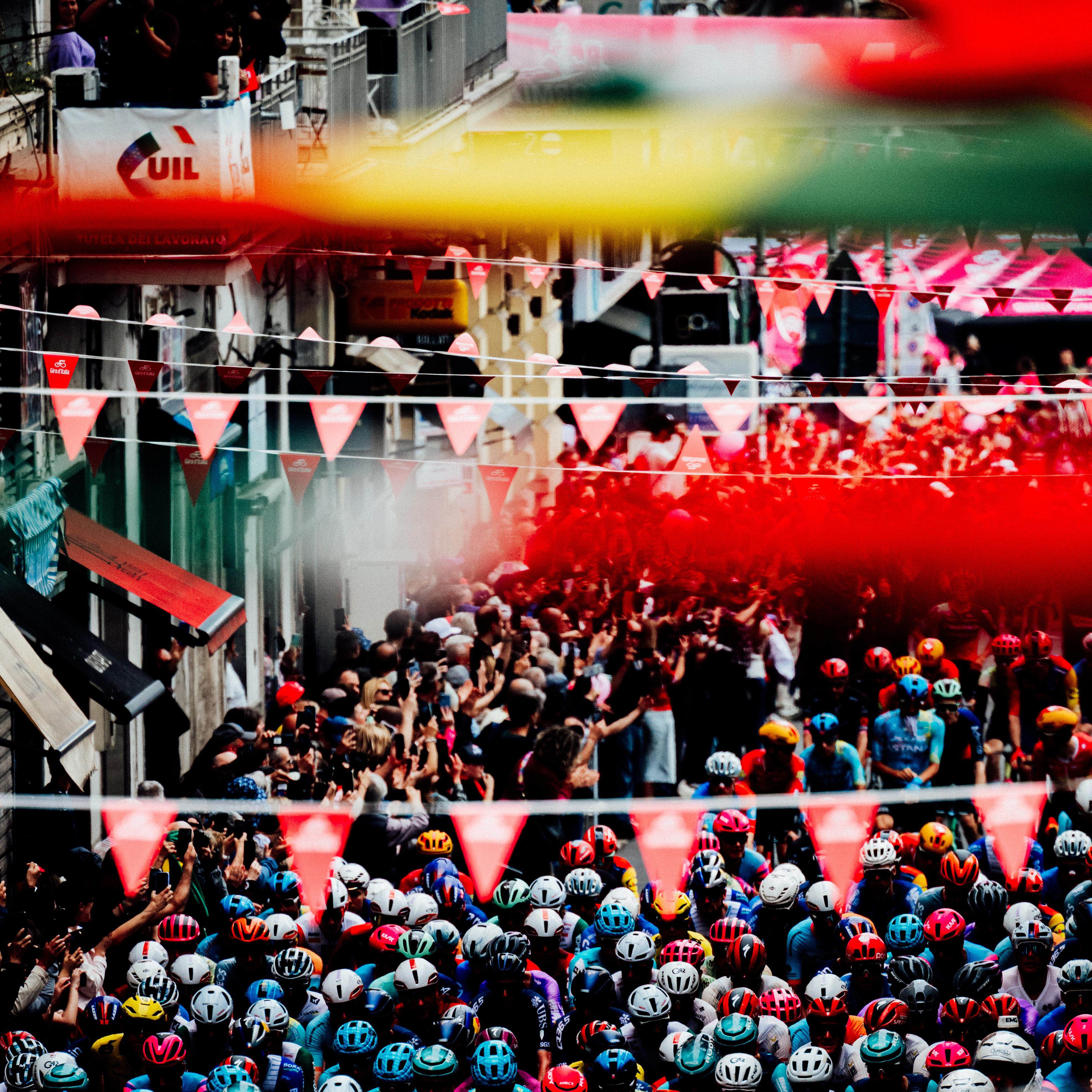 Banners and flags line the streets and drape across the buildings on stage 7 Images from 2026 Giro d'Italia stage 7 to Blockhaus