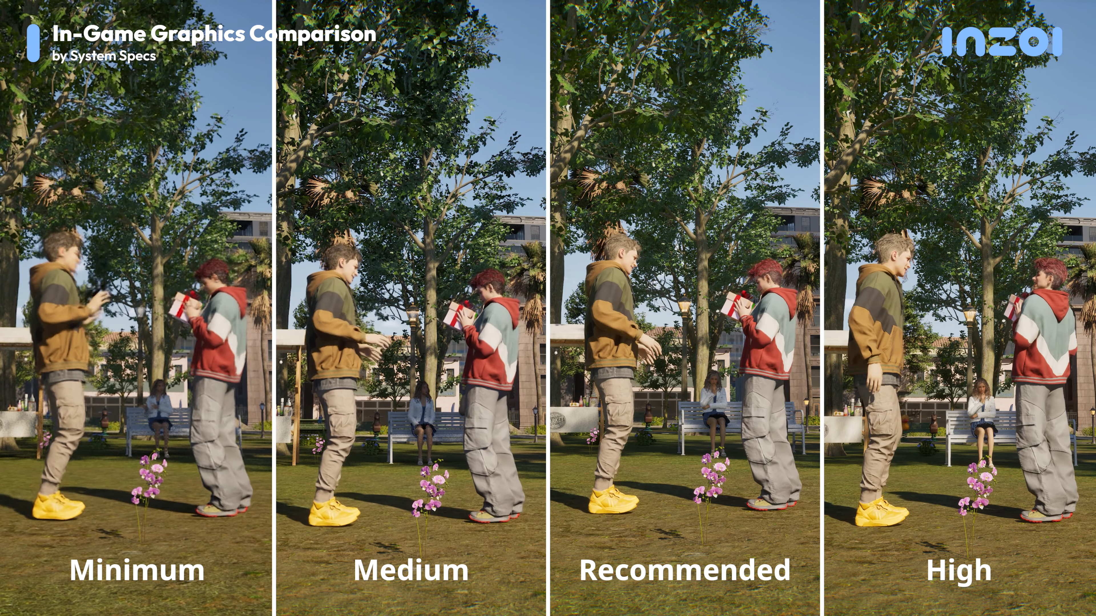 Inzoi - Two Zois standing together in four graphical preset choices showing a progression from a blurrier minimum spec to a high fidelity high specs.