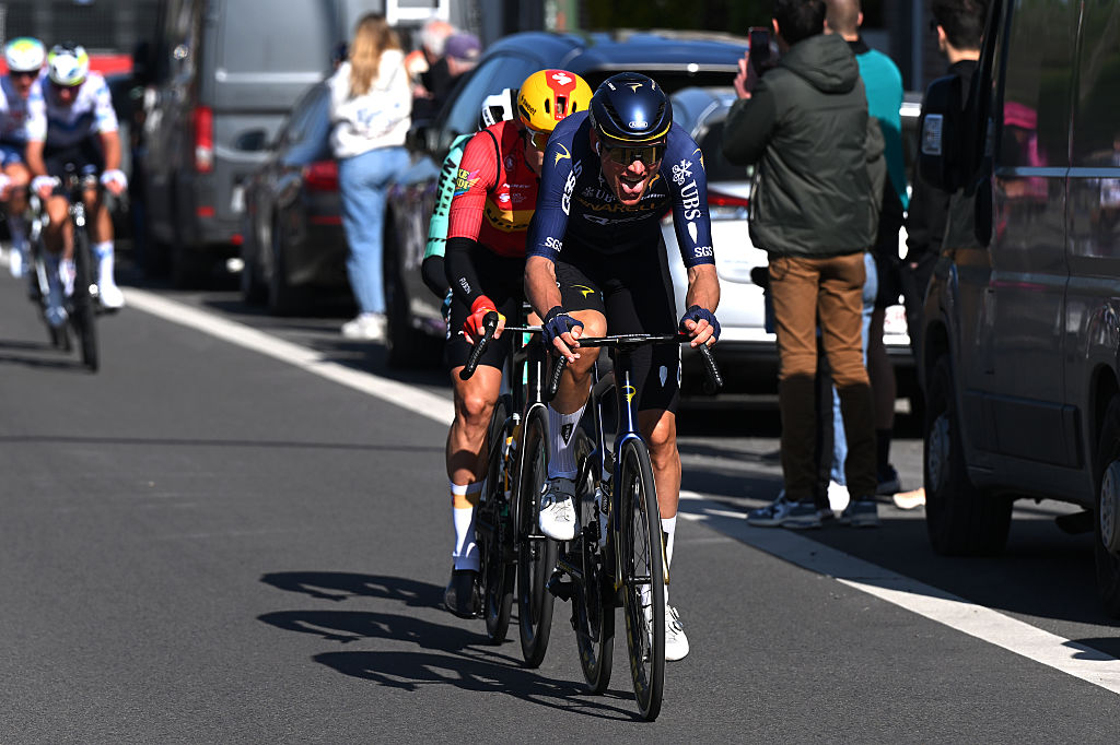 Sjoerd Bax of Pinarello Q36.5 attacks during the 112th Liege - Bastogne - Liege 2026