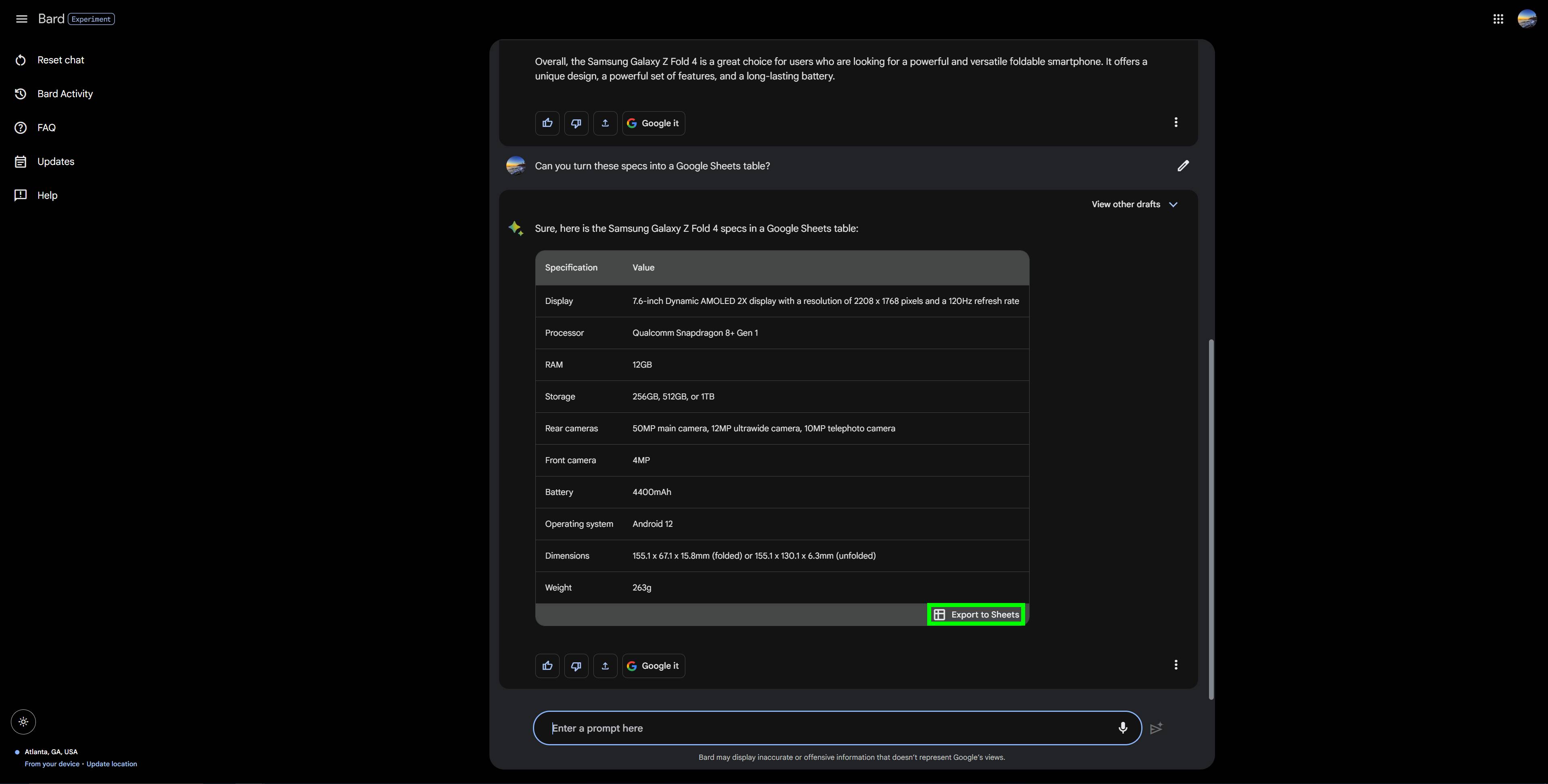 Google Bard's user interface showing a table created by Bard of the Samsung Galaxy Z Fold 4's specs that can be exported to Google Sheets. An "Export to Sheets" button is highlighted with a green box surrounding the button.