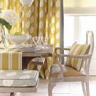 yellow curtain with yellow cushion and wooden chair