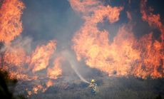 Forestry fire fighters battle a wall of flames on May 2.