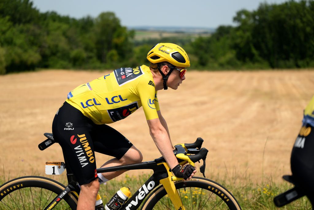 LIMOGES FRANCE JULY 08 Jonas Vingegaard of Denmark and Team JumboVisma Yellow Leader Jersey competes during the stage eight of the 110th Tour de France 2023 a 2007km stage from Libourne to Limoges UCIWT on July 08 2023 in Limoges France Photo by David RamosGetty Images