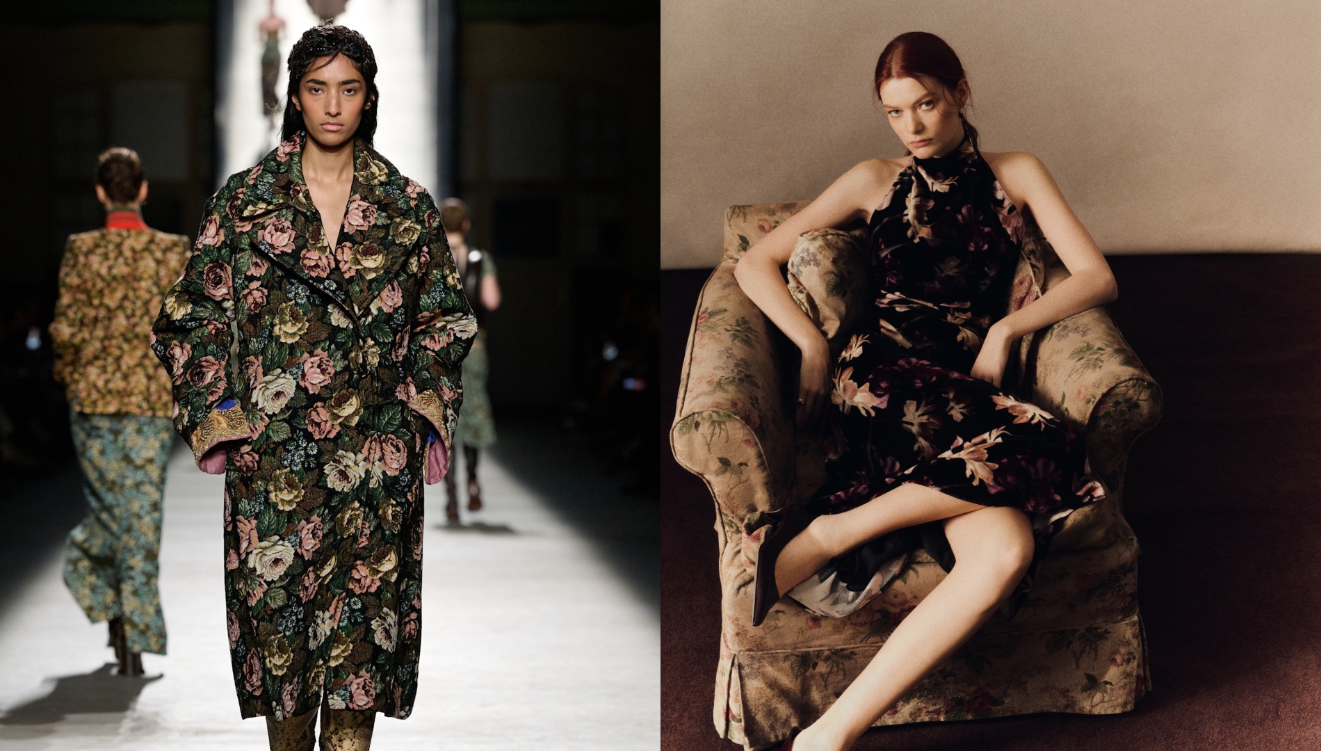 Collage of models wearing dark, moody floral-print clothing.