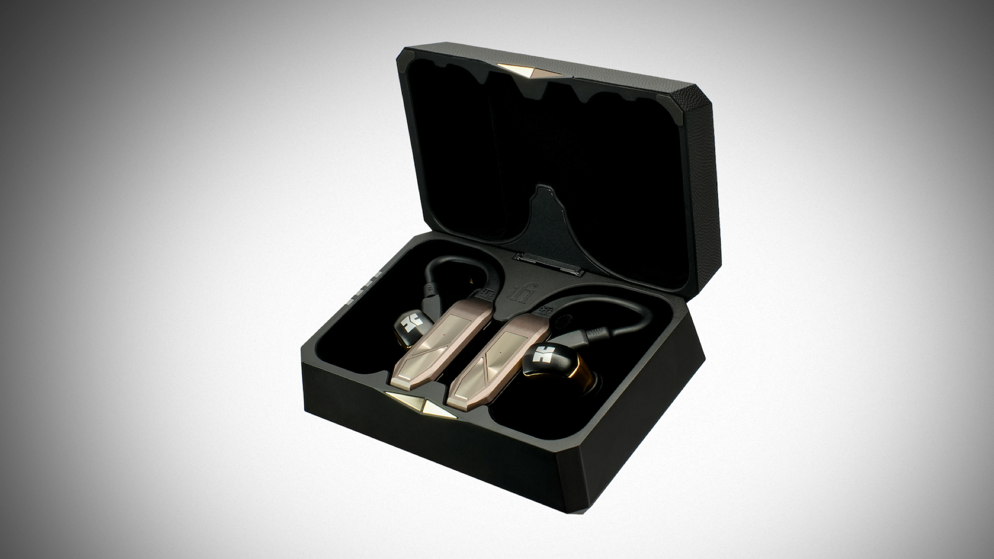 iFi GO Pods Max product shot showing the product in its case against a white background fading to black at the edges