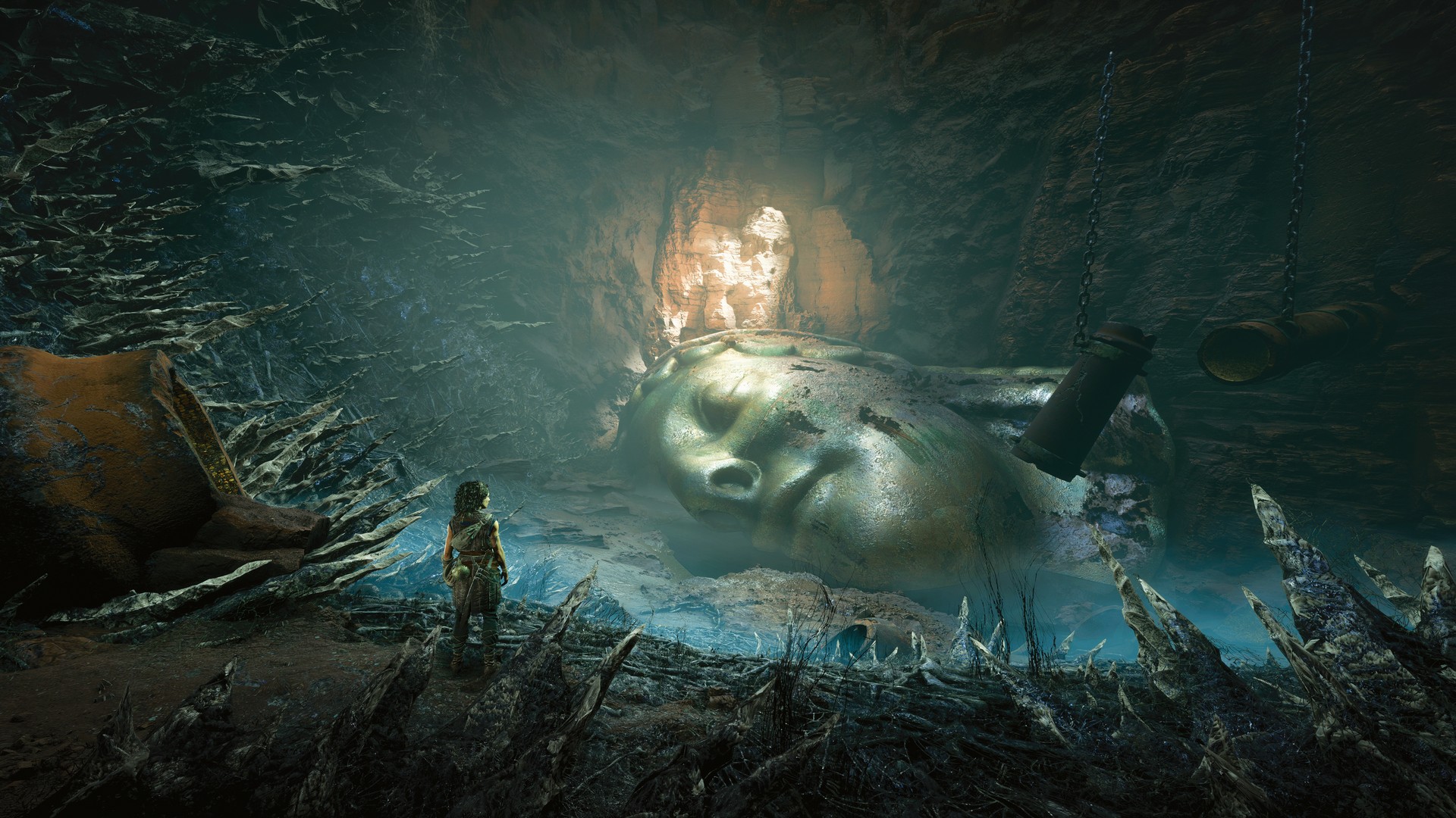 Sofia looks at a corrupted cave and ancient ruins in Resonance: A Plague Tale Legacy