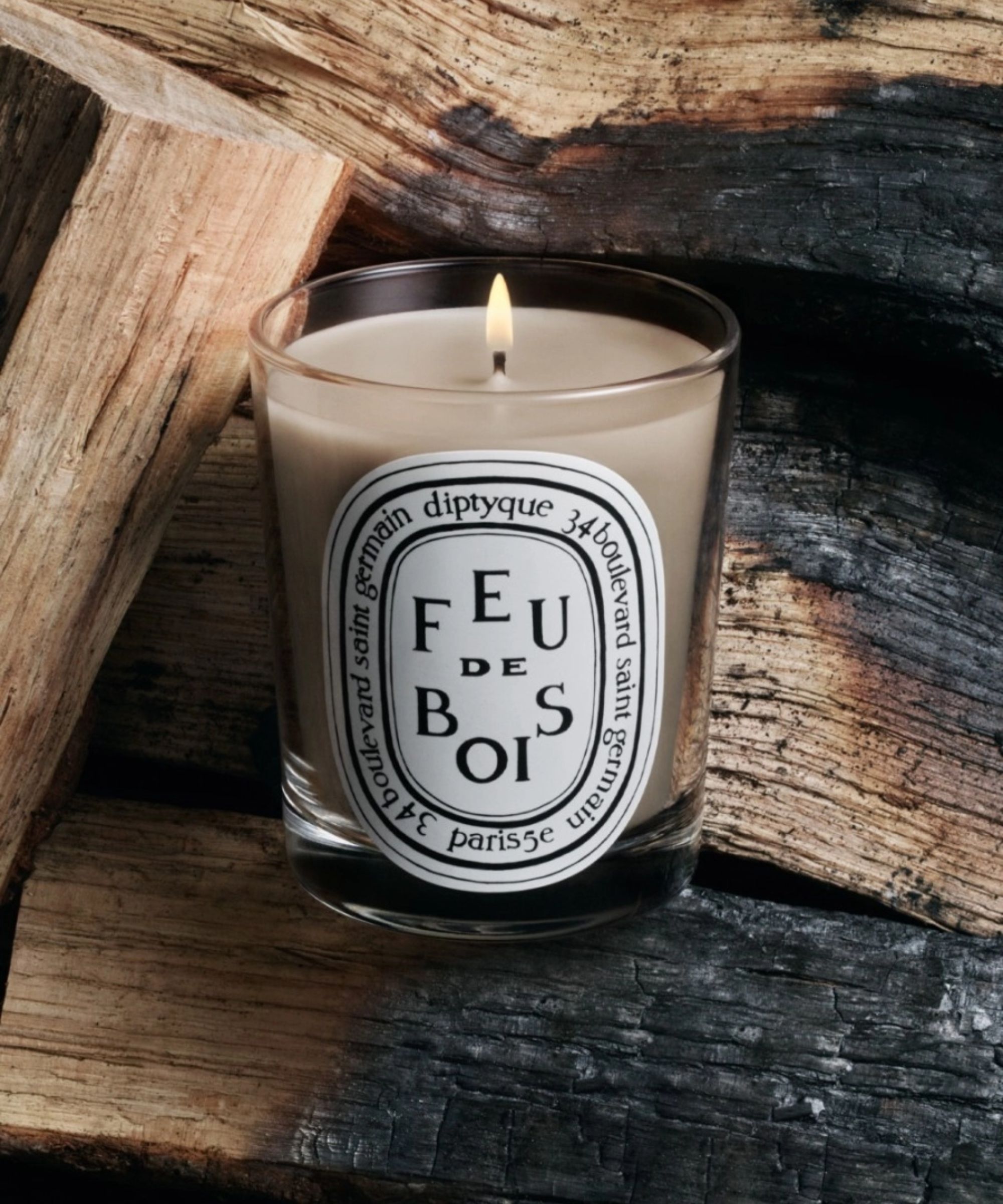 Diptyque feu de bois candle on a pile of logs
