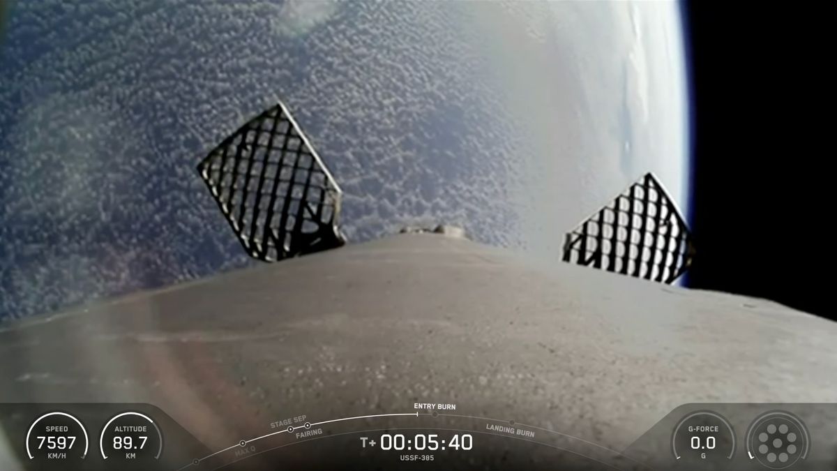 View from the first stage of SpaceX's Falcon 9 rocket during the launch of the USSF-385 mission for the U.S. Space Force on Sept. 26, 2026.