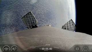 View from the first stage of SpaceX's Falcon 9 rocket during the launch of the USSF-385 mission for the U.S. Space Force on Sept. 26, 2026.