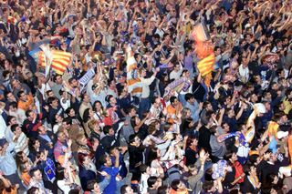 Valencia fans celebrate after beating Leeds United and advancing to the Champions League final in May 2001.