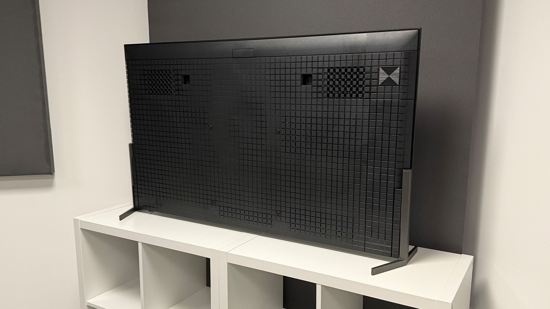 The 55-inch Sony Bravia 8 II QD-OLED TV photographed on a white table. On the screen is a nature documentary.