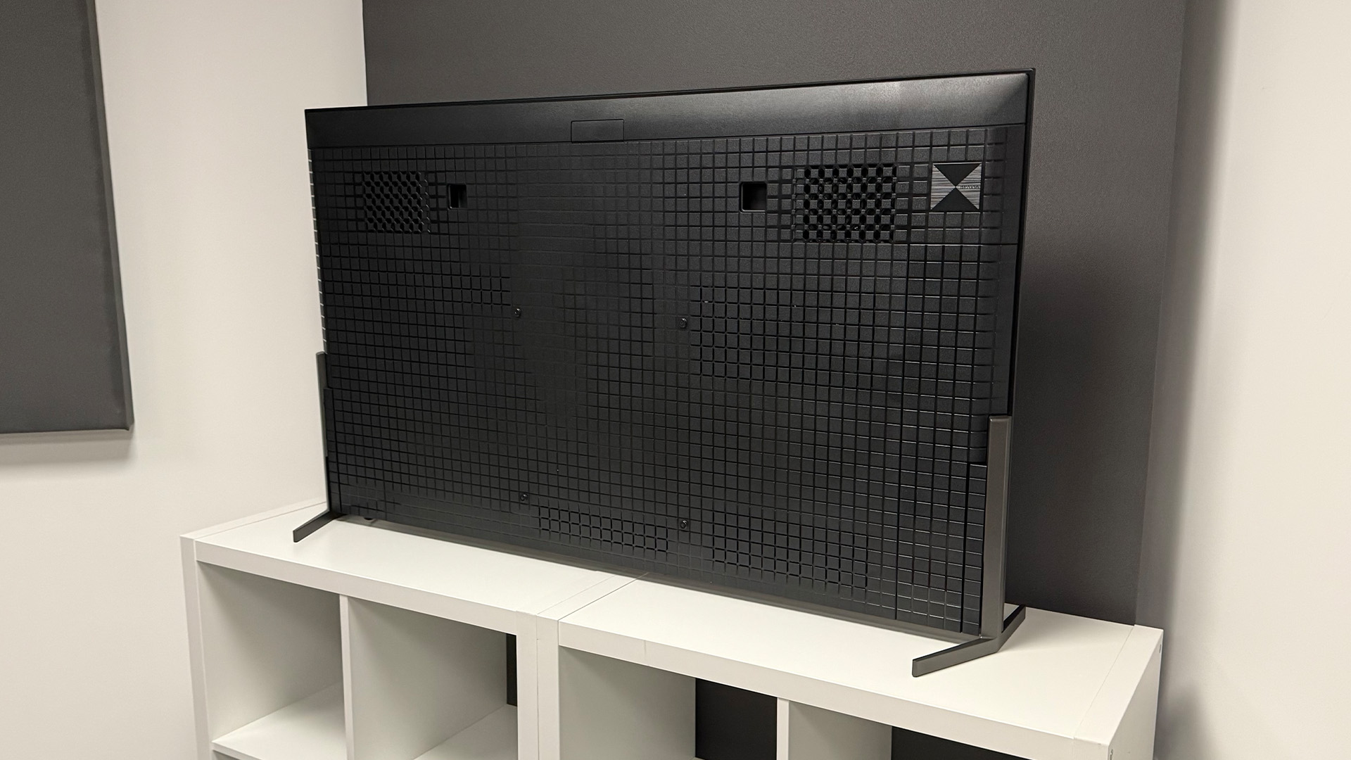 The 55-inch Sony Bravia 8 II QD-OLED TV photographed on a white table. On the screen is a nature documentary.