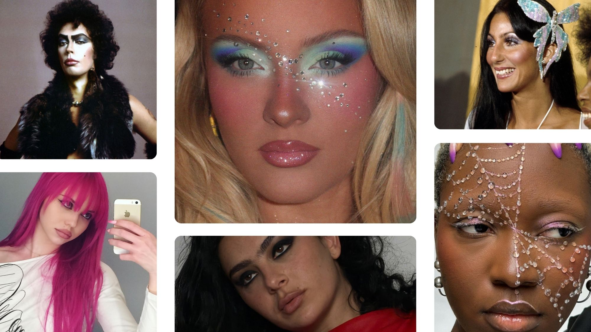A collage of images of Tim Curry, Ad&eacute;la Jergov&aacute;, Charli XCX, Zara Larsson, Cher, and makeup artist Lynda Florae.