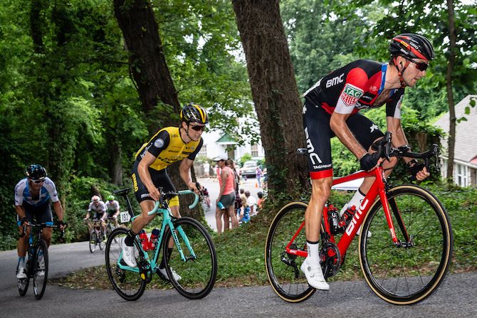 Joey Rosskopf (BMC) leads Neilson Powless (LottoNL-Jumbo) up the climb during the US Pro Road Race National Championships on June 24, 2018 in Knoxville, Tennessee