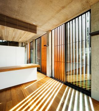 Wooden blinds on windows