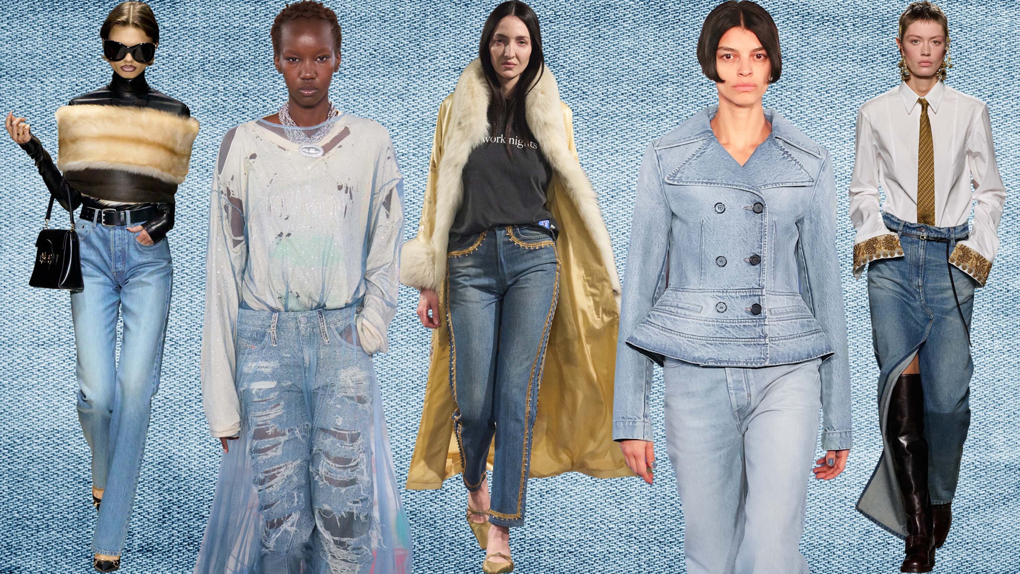 collage of women wearing fall 2026 denim trends: cigarette jeans, ripped jeans, embellished jeans, light wash denim, denim skirts
