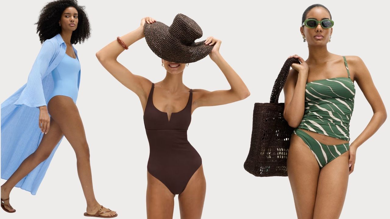 three models wearing M&amp;S swimwear 