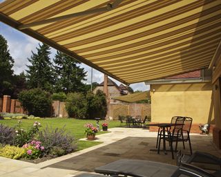 stripy awning, patio and garden set