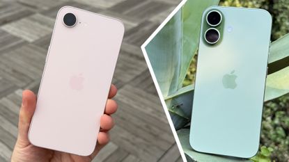 A pink iPhone 17e next to a green iPhone 17