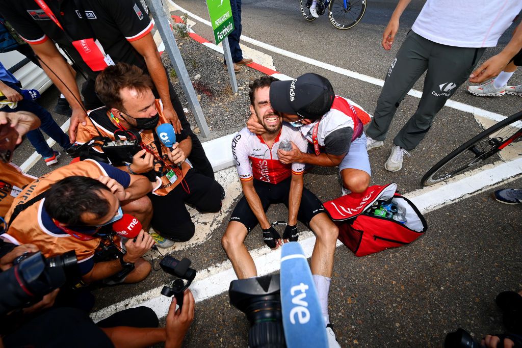 CISTIERNA SPAIN AUGUST 26 Jess Herrada Lopez of Spain and Team Cofidis celebrates at finish line as stage winner during the 77th Tour of Spain 2022 Stage 7 a 190km stage from Camargo to Cistierna LaVuelta22 WorldTour on August 26 2022 in Cistierna Spain Photo by Tim de WaeleGetty Images