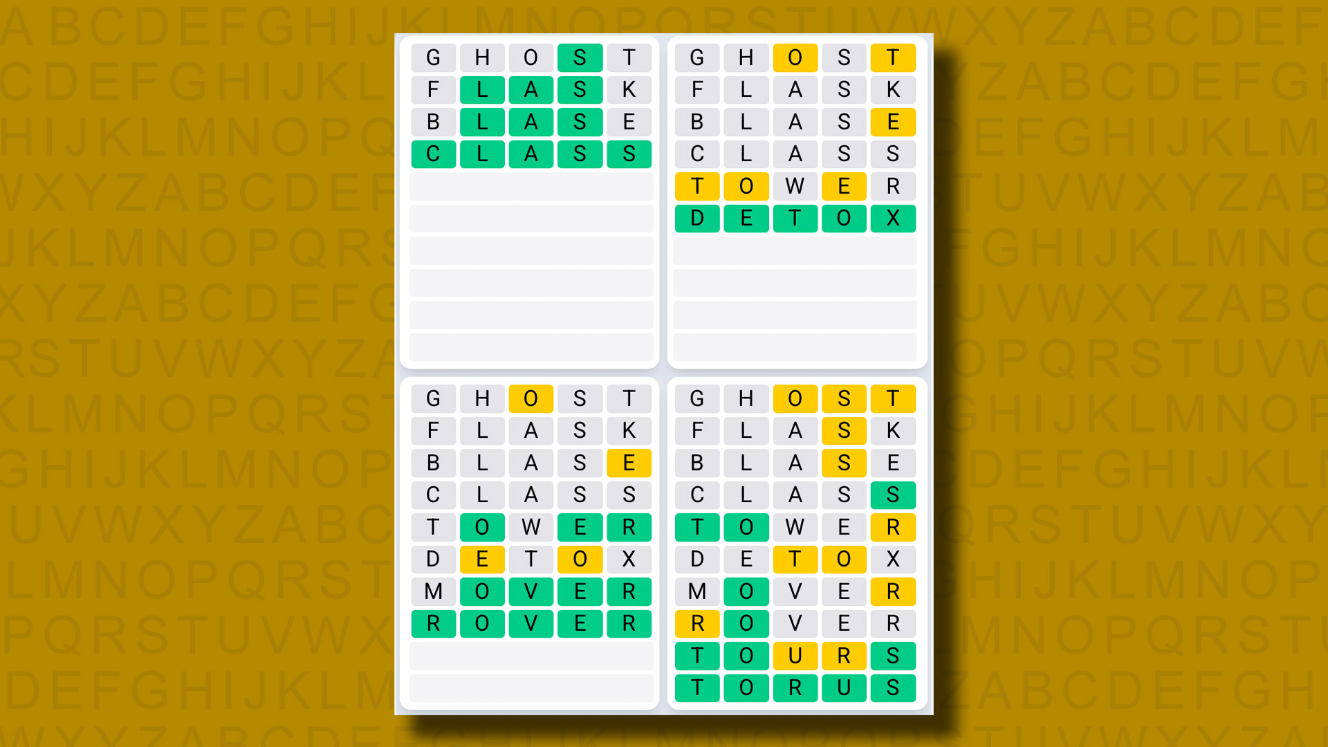 Quordle Daily Sequence answers for game 1298 on a yellow background