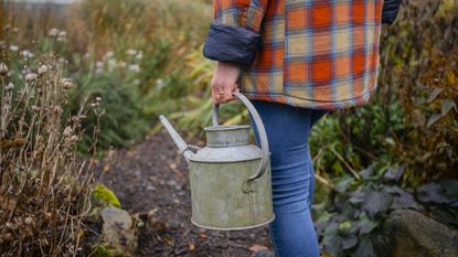 A woman in flannel walks through a garden holding a metal waterin can