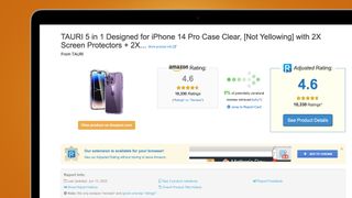 A laptop screen on an orange background showing an Amazon review in the website ReviewMeta