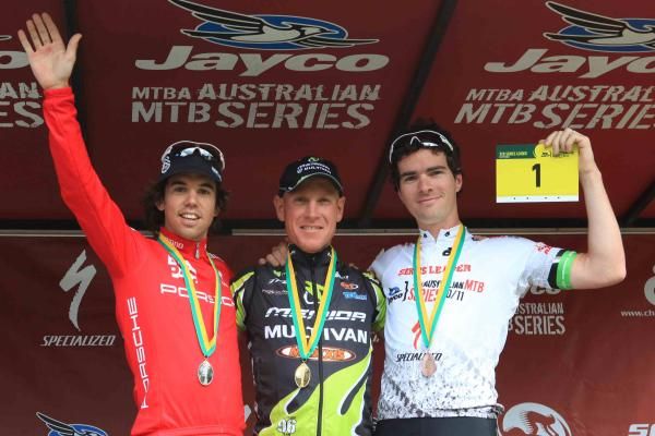 The elite men's cross country podium at Glenorchy MTB Park.