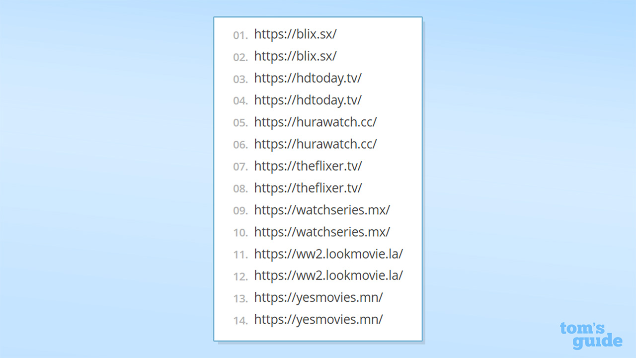 Screenshot of selected blocked pirate sites