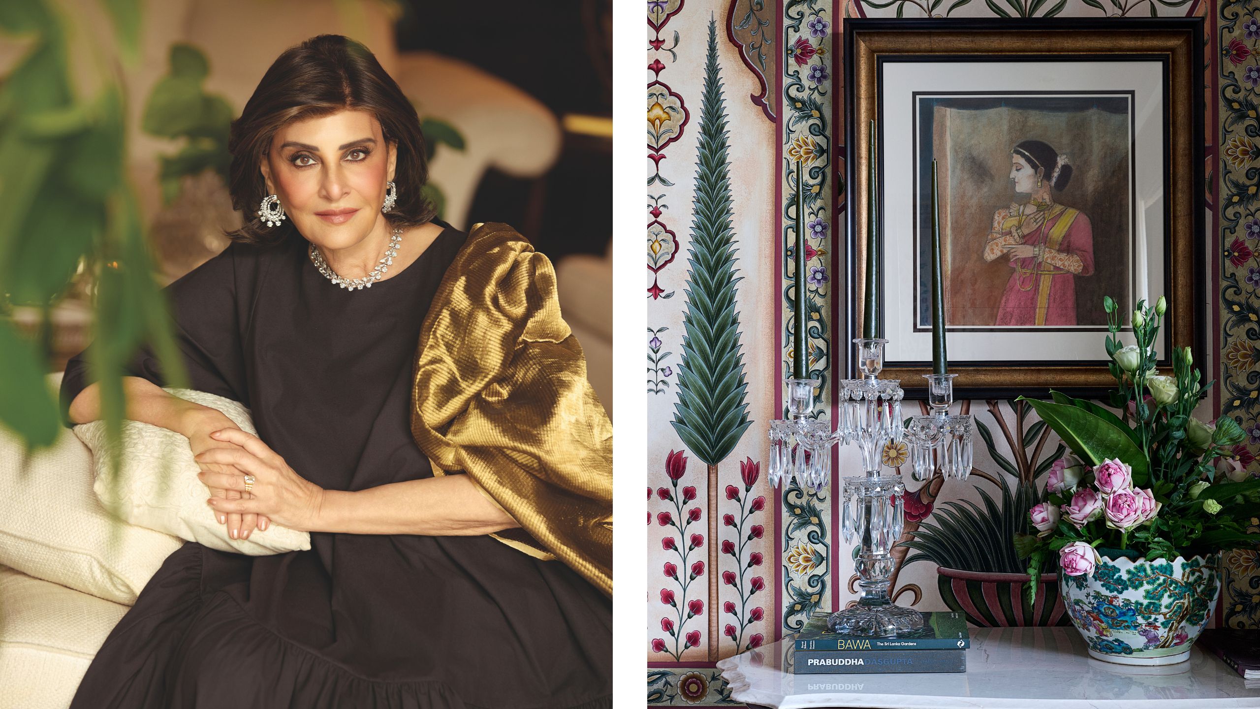 Designer Kavita Singh in a dark dress with a gold shawl, paired with an intricately hand-painted wall, crystal candelabra, and framed art